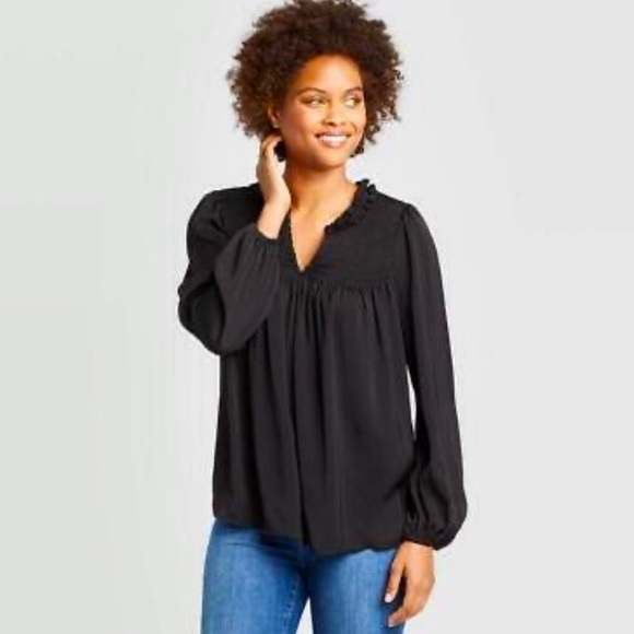 Knox Rose Tops - Knox Rose Long Sleeve Split Neck Smocked Blouse